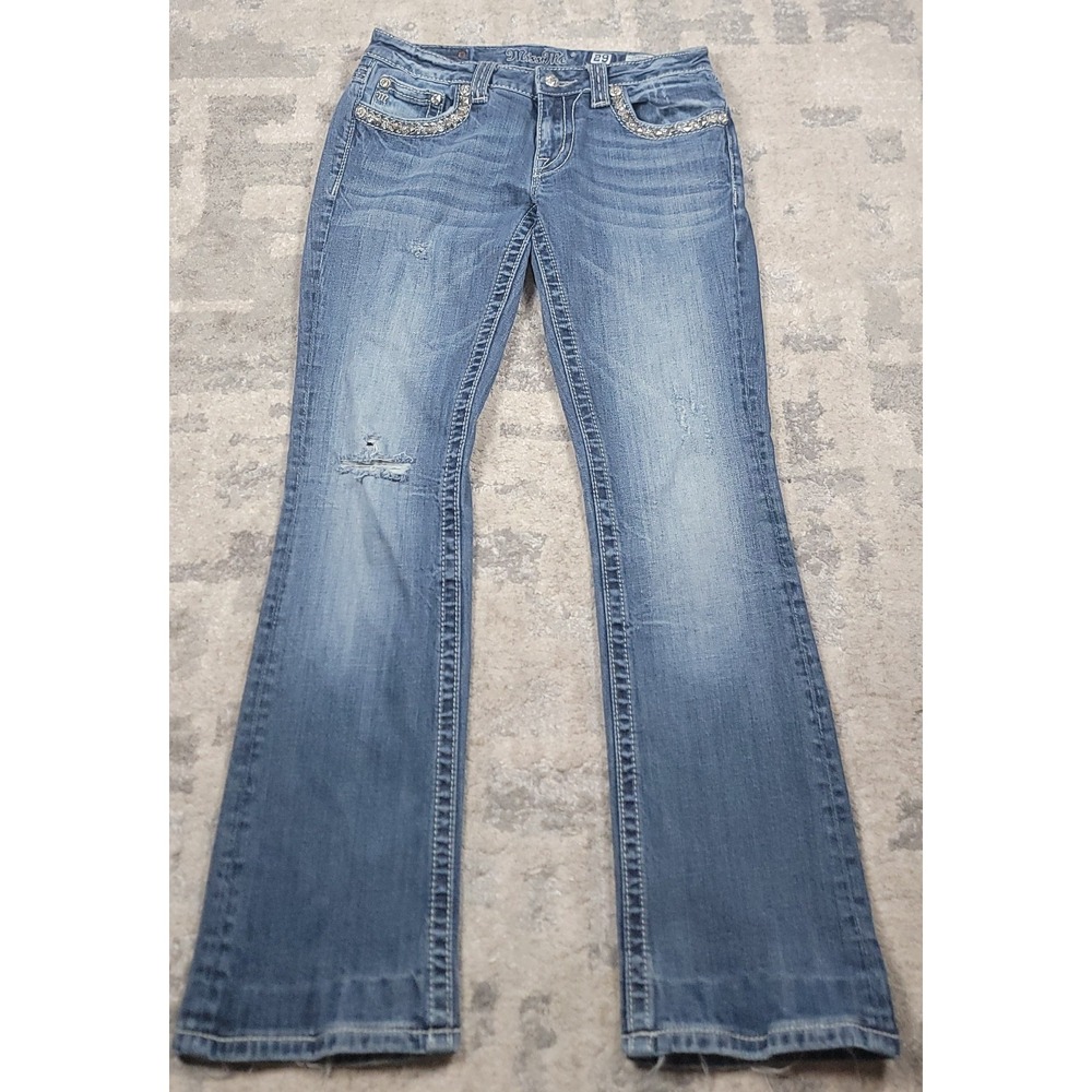 Miss Me Womens Bootcut Blue Denim Flap Pockets Low-Rise Rhinestone Jeans 30x29.5